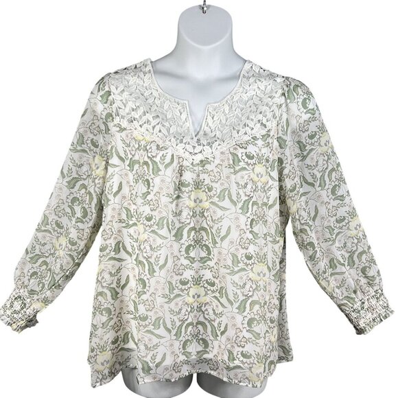 Rose Beverly NWT Womens XL Chiffon Lace Yoke Floral Lined Blouse Smocked Cuffs - Picture 8 of 15